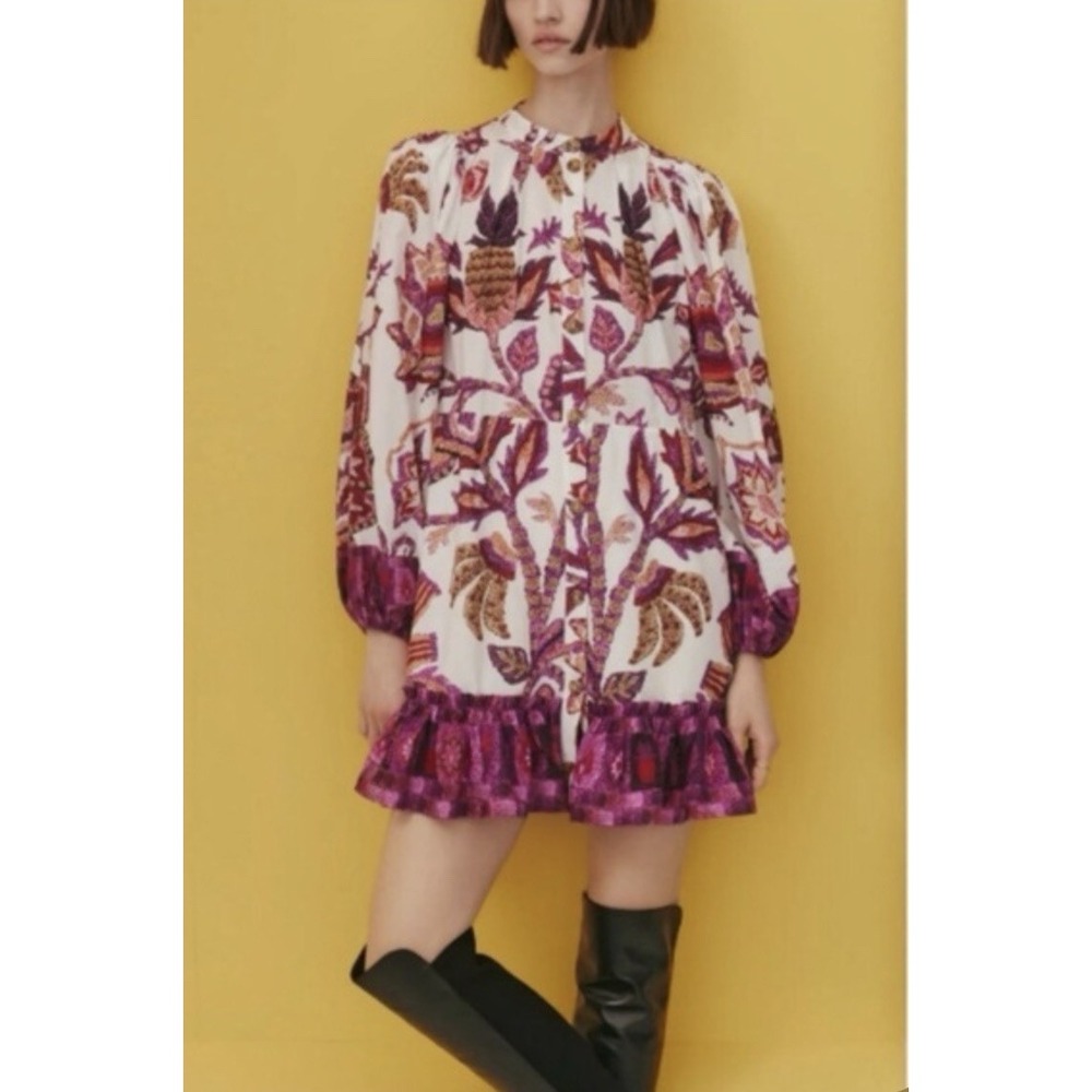 FARM Rio Sunset Tapestry Mini Dress Sz S Boho Cottagecore Retro Mod Long Sleeve